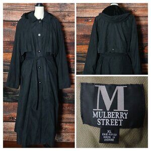 Mulberry Street Vintage 80s Maxi Trench Coat XL Black Hooded Belted Button Front